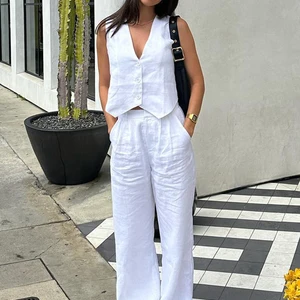 Clacive Verão Branco Linho Conjunto de duas peças para mulheres 2023 Moda Tank Top sem mangas Novo em correspondência de cintura alta Wide Pants Set 8 principais vendas conjunto branco calça e cropped - №3