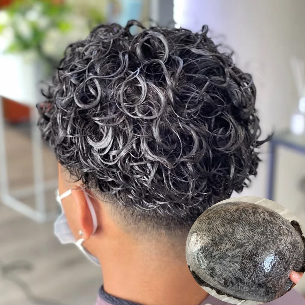 

Прочные 28-миллиметровые кудрявые мужские парики из натуральных волос с серым оттенком, имитирующие естественную линию роста волос, на полной полиуретановой основе (PU)