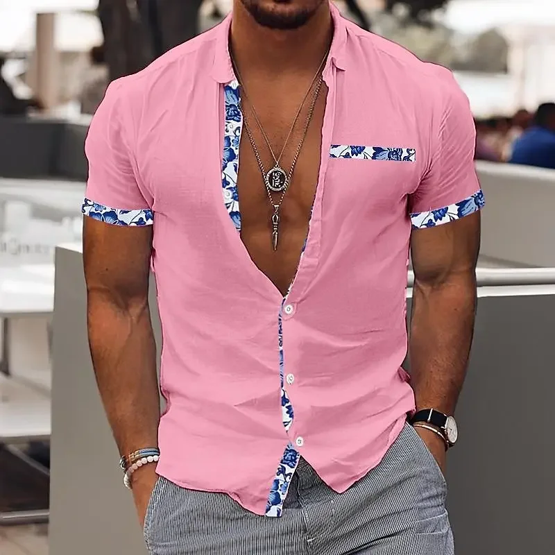 Fashionable Men's Hawaiian Shirt Men's Casual Solid Color Printed Beach Pocket Shirt Short Sleeve Large Size 5XL New Style Multi