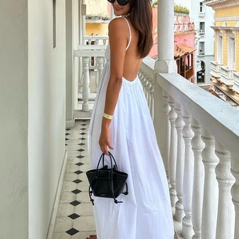 Sexy Backless Midi Dress Sleeveless V Neck Dress 2023 Fashion Summer Woman Causal Loose Beach Dress Holiday White Long Dress