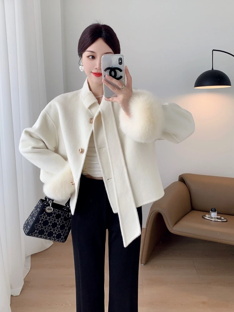 2023 Winter Wool Jackets New Bow Short Cuff Fox Fur Fur Double-Faced Woolen Goods Cashmere Wool Overcoat Coat for Women