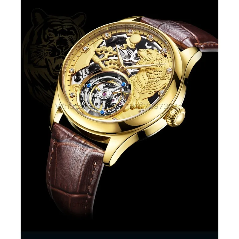 Flywheel Mechanical Watch Double-sided Gemstone Glass Stainless Steel Zodiac Tiger Waterproof 7013