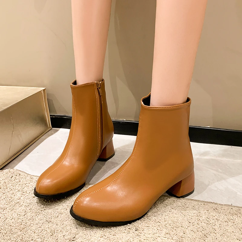 

Winter 2023 New Fashion Women's Ankle Boots Genuine Leather High Heels Shoes Women's Zipper Luxury Square Toe Boots