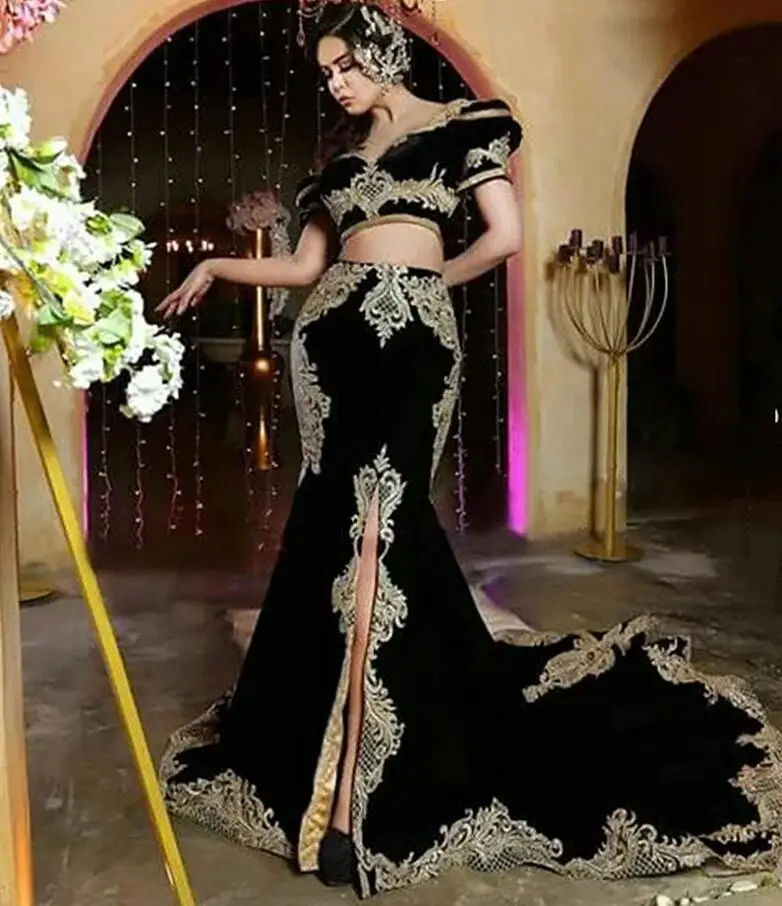 Black Two Pieces Tunisia Evening Formal Dress with Remove Train Luxury Lace Applique Arabic Caftan Prom Gown for Women