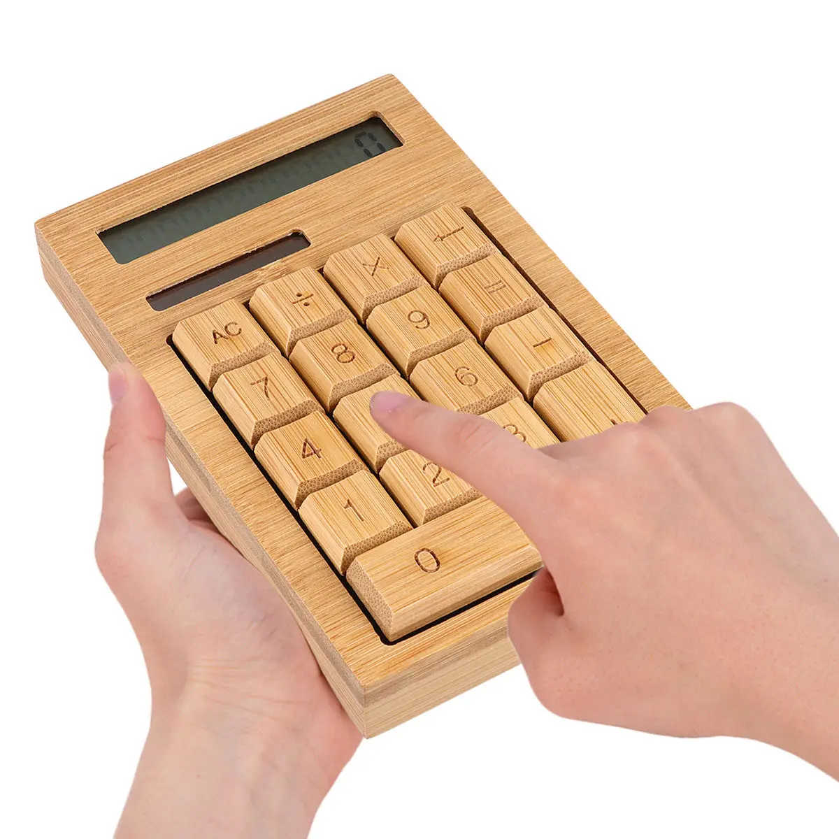 Bamboo Wood Solar Calculator 18-Key Portable Electronic Calculator for School Office Home Use Compact Lightweight Energy