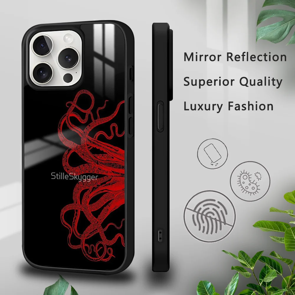 Marine Creature Red Octopus Phone Case For iPhone 15 14 13 12 11 Pro Xs Max Mini XR X 7 8 Plus luxury Mirror Hard Funda