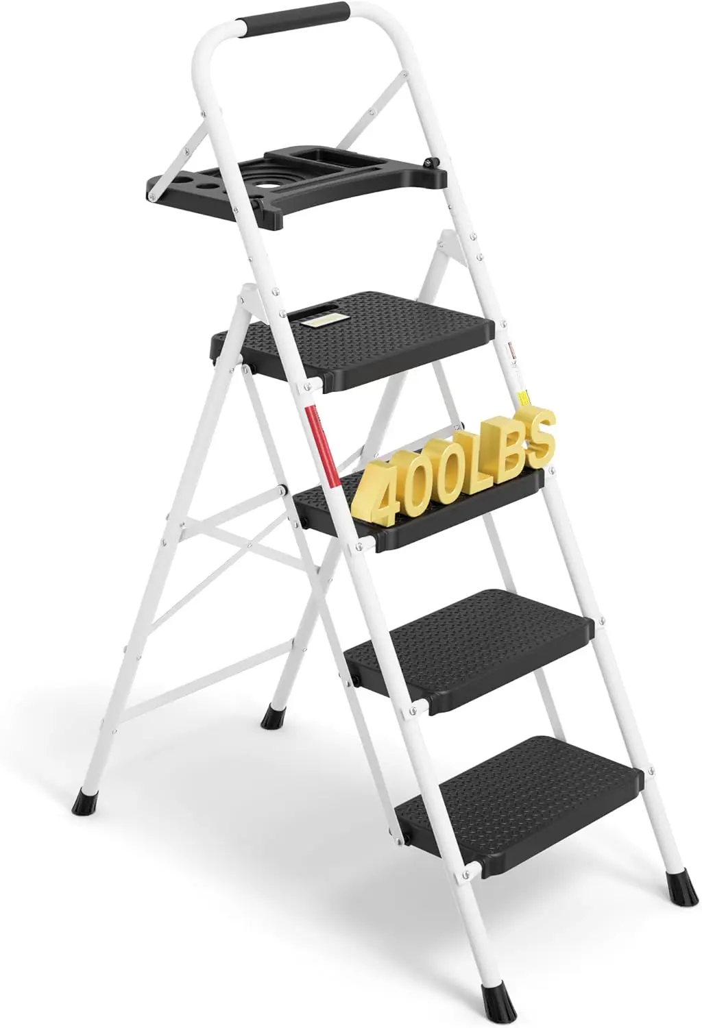 

4-Step Ladder, 400lbs Max Load, Folding Step Stool with Tool Tray, Anti-Slip Pedals, Sturdy Steel, Lightweight Portable