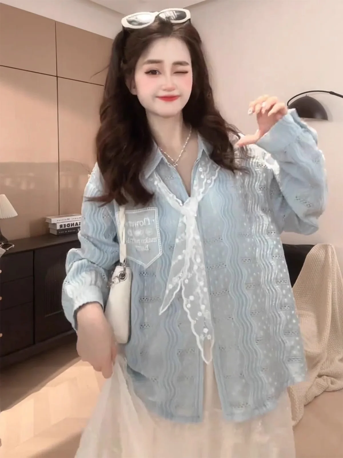 

Ele White Lace oulder Wrap Long Sve Women's irt Spring 2025 New Design Unique irt Design Sensation Top