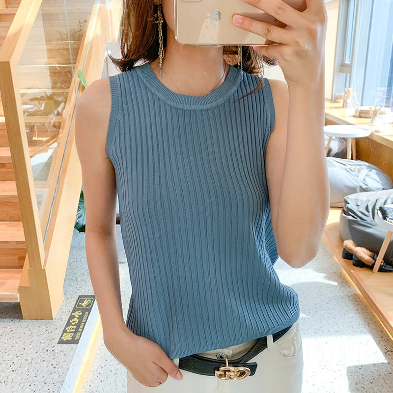 

Sleeveless Rib Knit Top Women Stretchy Rib-knit Sweater Tank Tops Pullovers Spring Summer 2026 Basics Casual Outfit