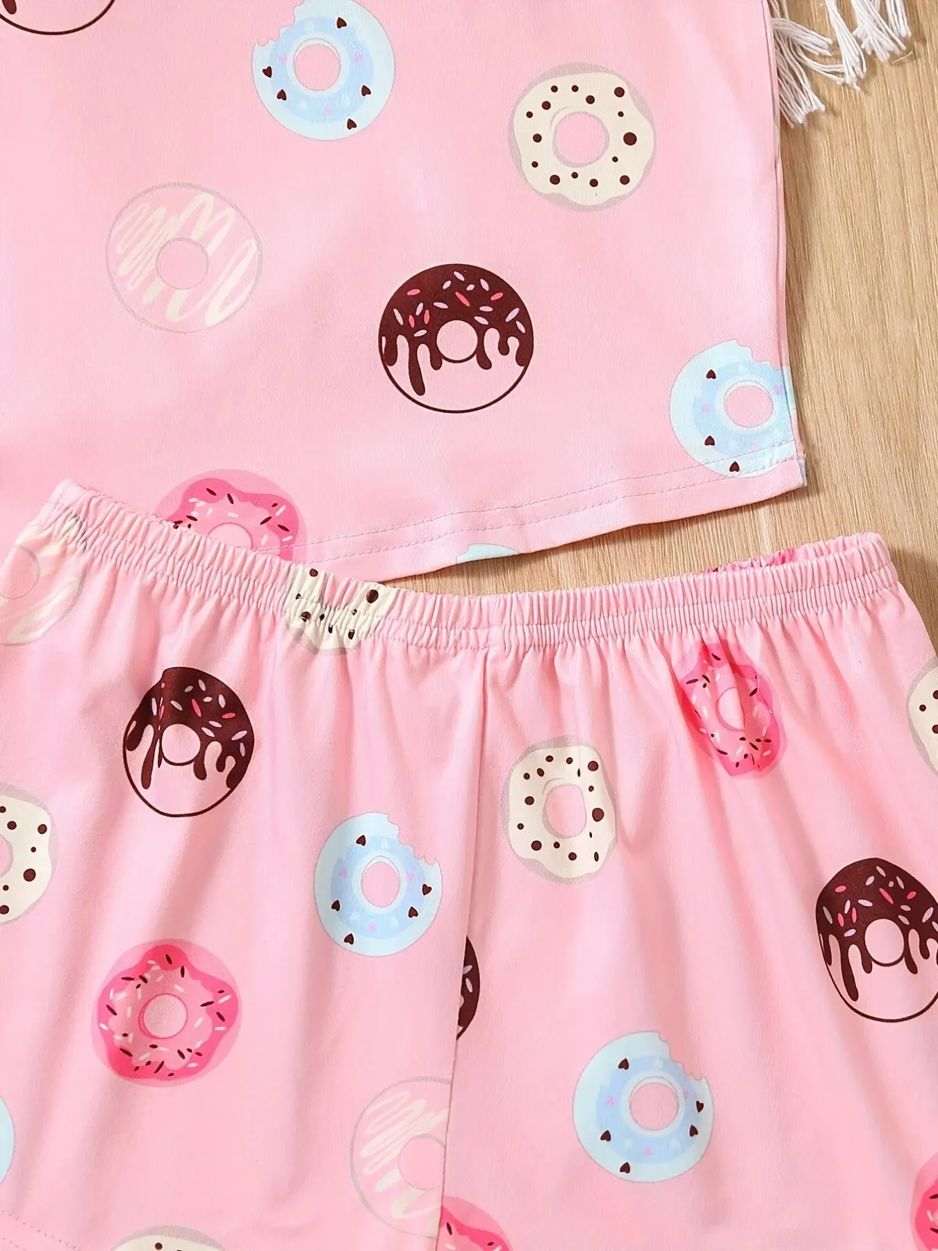 Girls Summer Cartoon Donut Pattern Halter Top And TAll-over Printed Shorts Home Wear Pajamas Casual Light And Comfortable Suit