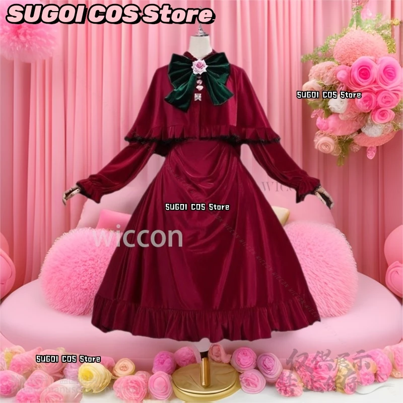 شين كو تأثيري أنيمي روزن البكر زي فستان أحمر مخملي لوليتا قبعة أغطية الرأس الباروكات للفتيات امرأة حفلة الهالوين مخصصة