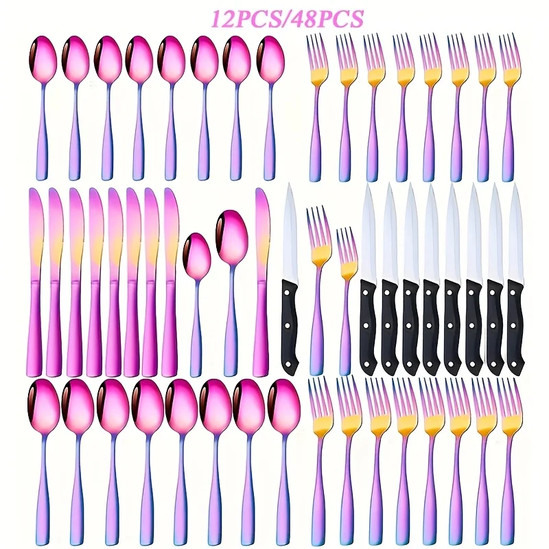 

us12/48/60pcs Black Stainless Steel Flatware Set, Mirror-Polished Cutlery Set for Home and Hotel Use, with Gift Box, Suitable for 2/8 People, Durable, Dishwasher Safe, Perfect for Halloween, Parties, Weddings, Banquets, Silverware Setd