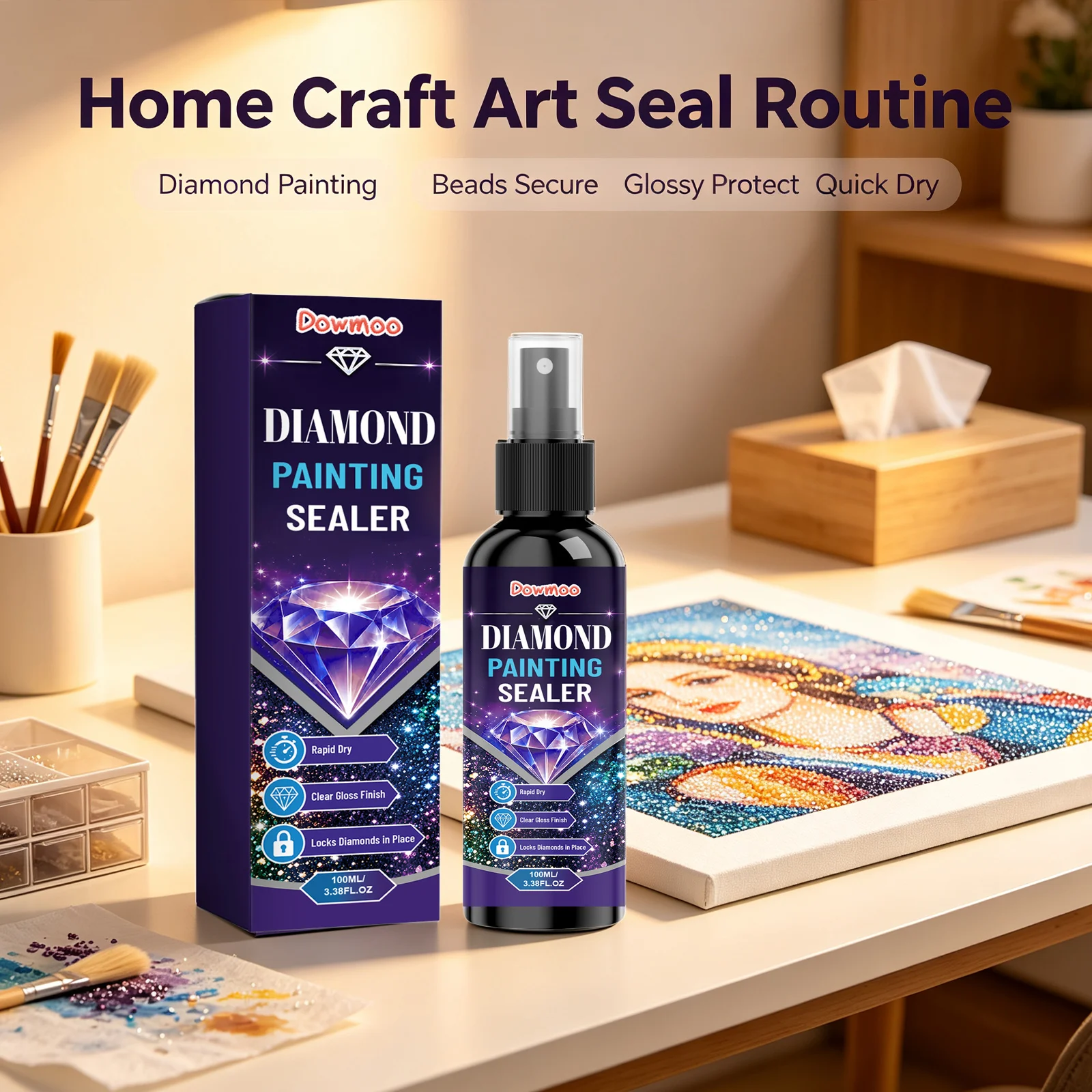 DOWMOO ﻿5D Diamond Painting Sealer Spray Waterproof Prevent Oxidation Fast‑drying Permanent Hold Shine Effect Diamond Art Sealer