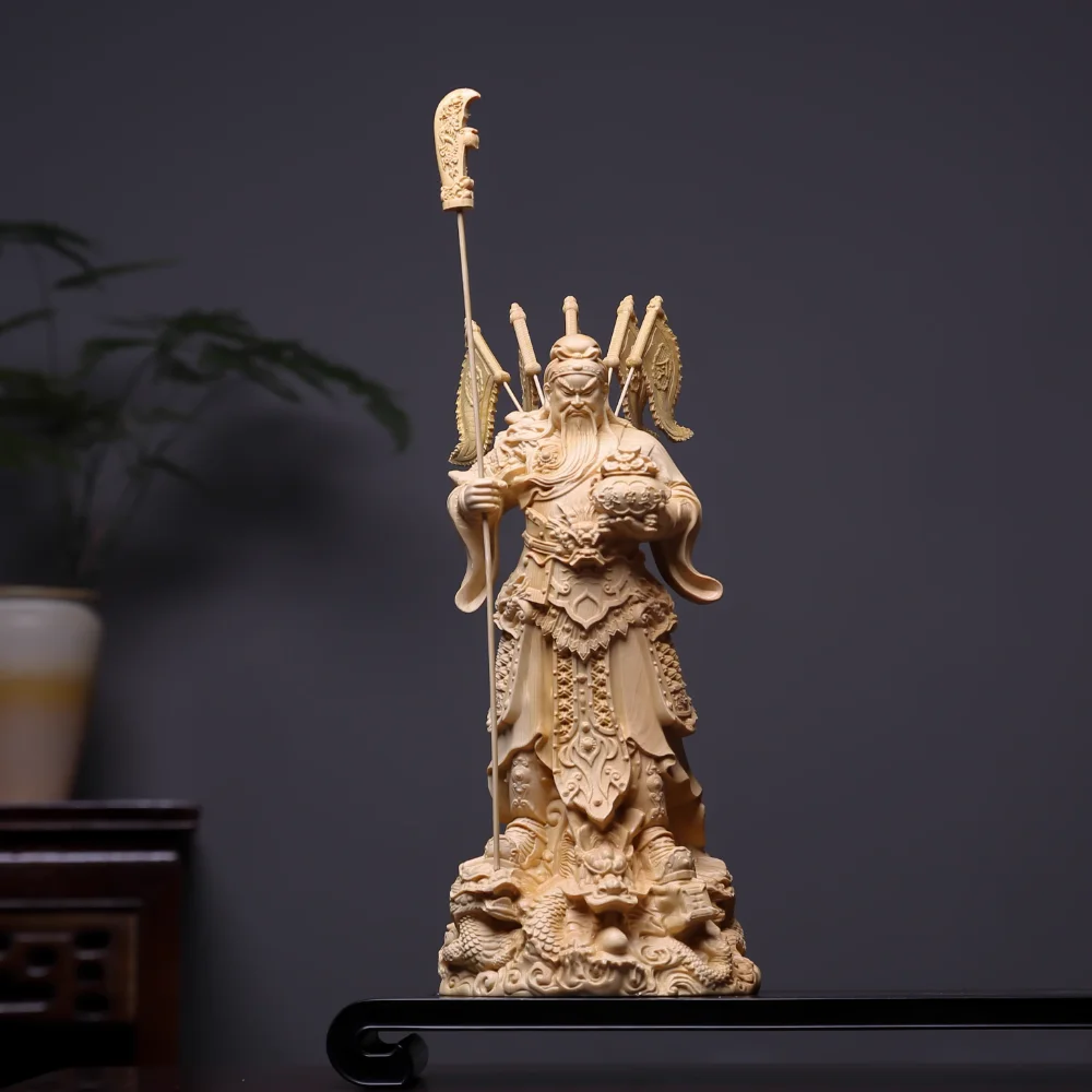Hand Carved Wooden Guan Gong Statue God of War & Wealth Cai Shen Figurine Ornament Feng Shui Nine Dragons Home Office Desk Decor