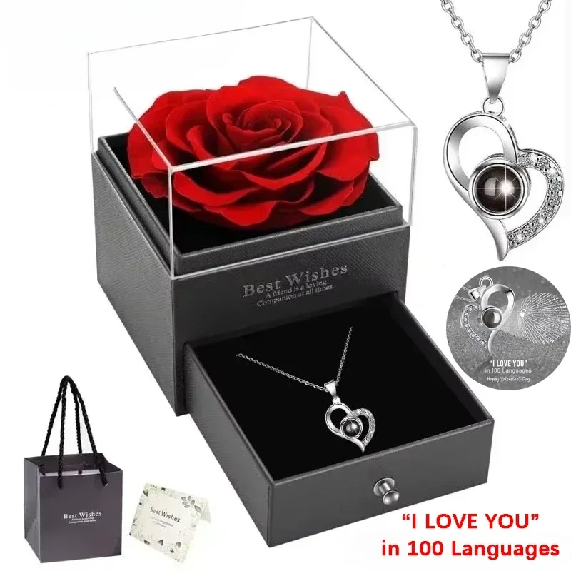 

Heart Necklace Can Project 100 "I Love You" Language with Rose Box Gift Collarbone Chain Valentine's Day New Year Birthday Gift