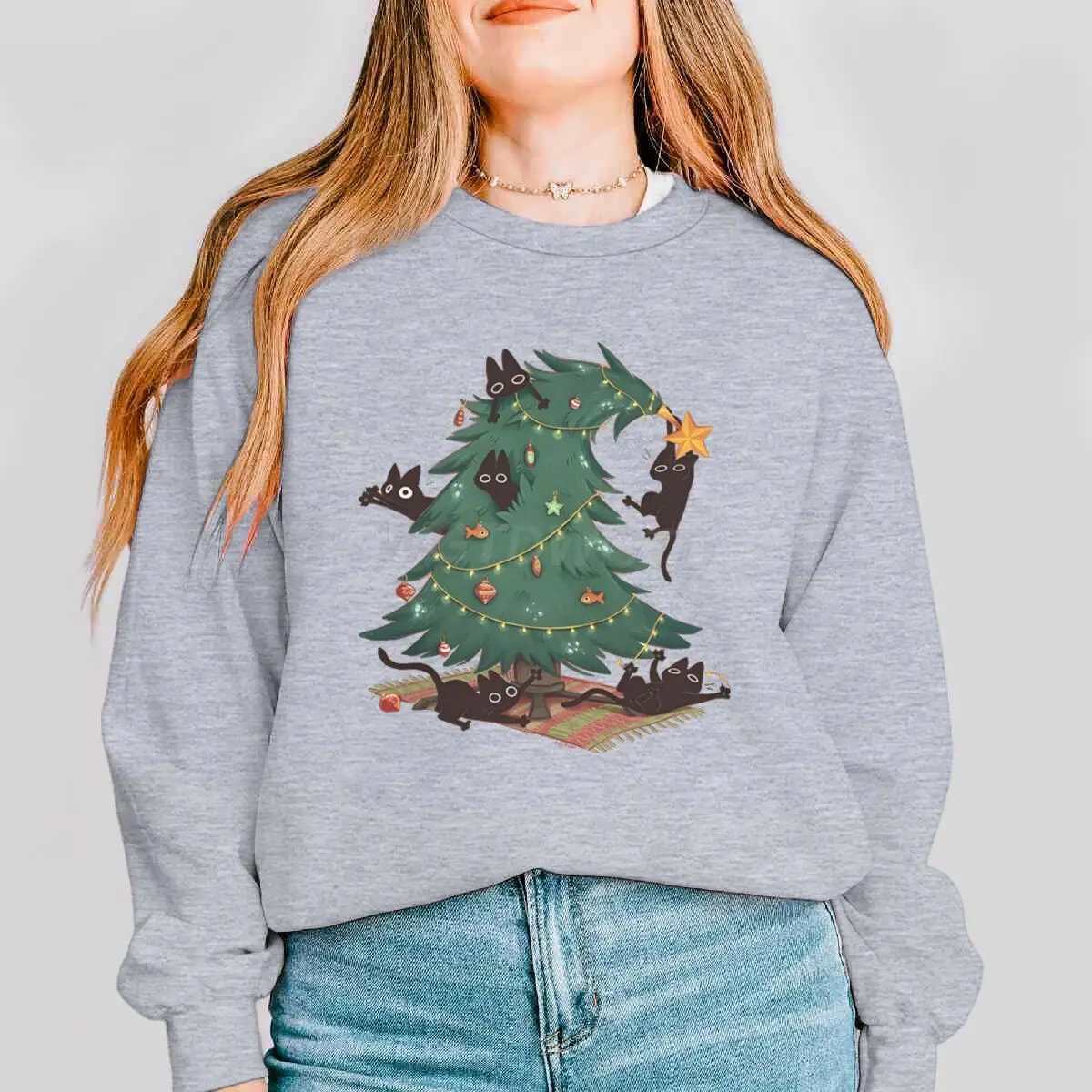 مضحك شجرة القط الأسود طباعة النساء بلوزات عيد ميلاد سعيد حفلة مطابقة الملابس الكرتون الحيوان تصميم عيد الميلاد بلايز عادية