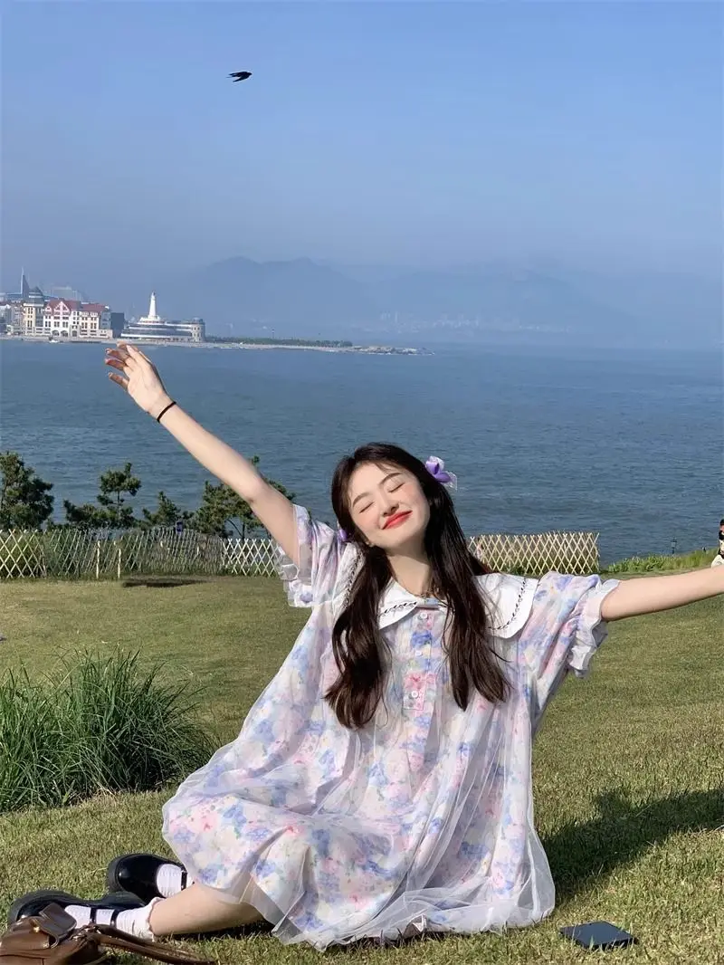 Plus Size 5XL 140KG Summer Floral Mesh Dress Short Sleeve Bow Collar Loose Waist Female Oversized Party Evening Dress