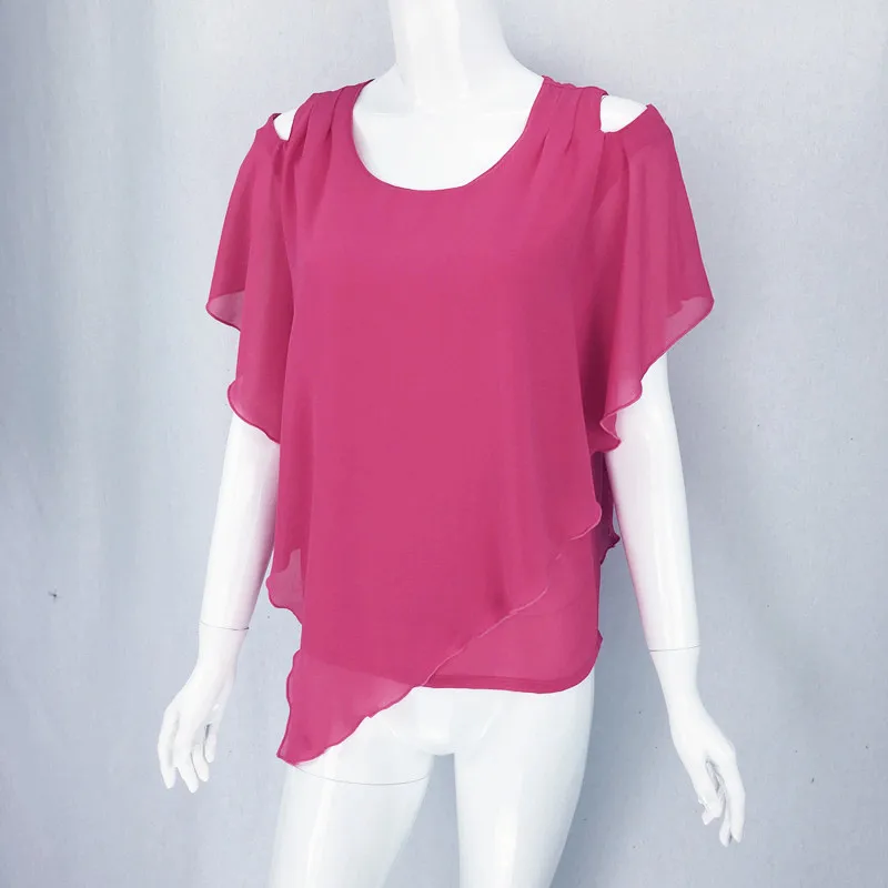 2024 Women tops blusas femininas Ruffle Batwing Sleeve chiffon Shirt blusas femininas Black White Red Blue