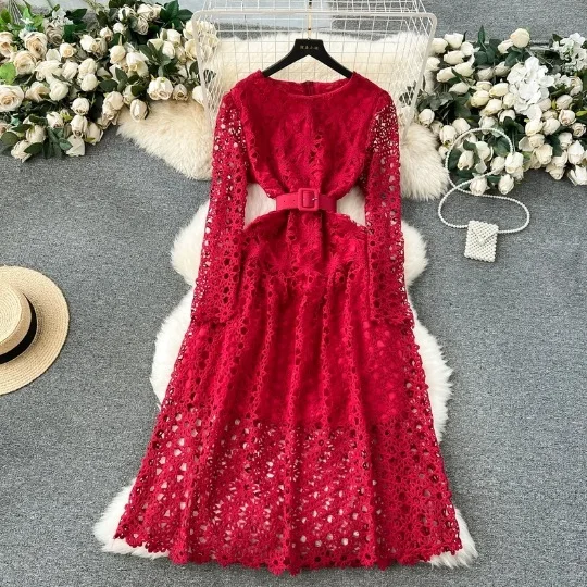 2024 High End Lace Elegance Spring New Long Sleeved Waist Slimming Hollow Fit Mid Length Dress  Maxi Dresses for Women