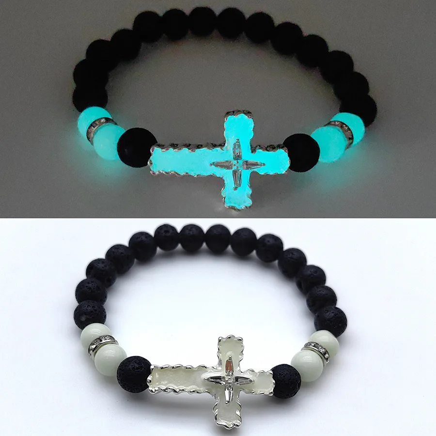 European and American Cross-Border Spot Luminous Cross Bracelet Alloy Inlaid with Diamonds 8mm Volcanic Stone Luminous Bead Bracelet