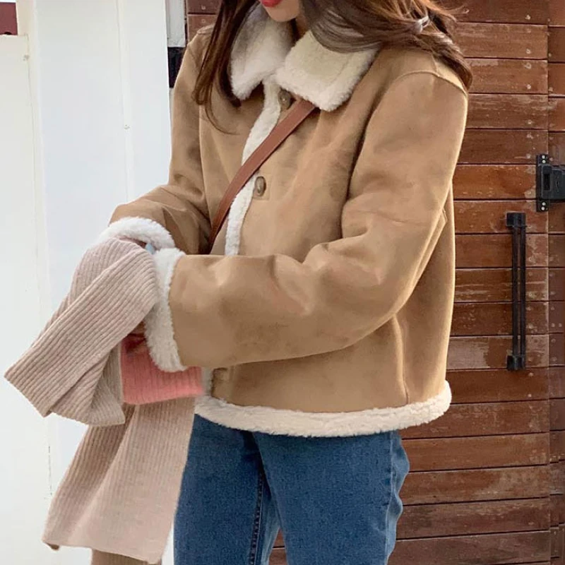 Women\'s Winter Warm Suede Jacket Short Coat Lambskin Overcoat Single Breasted Outerwear Stylish Tops Korean Style