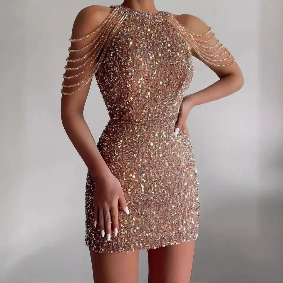 Spring and summer new products fashionable neck sexy crystal fringed hip sequins European and American dresses mid waist