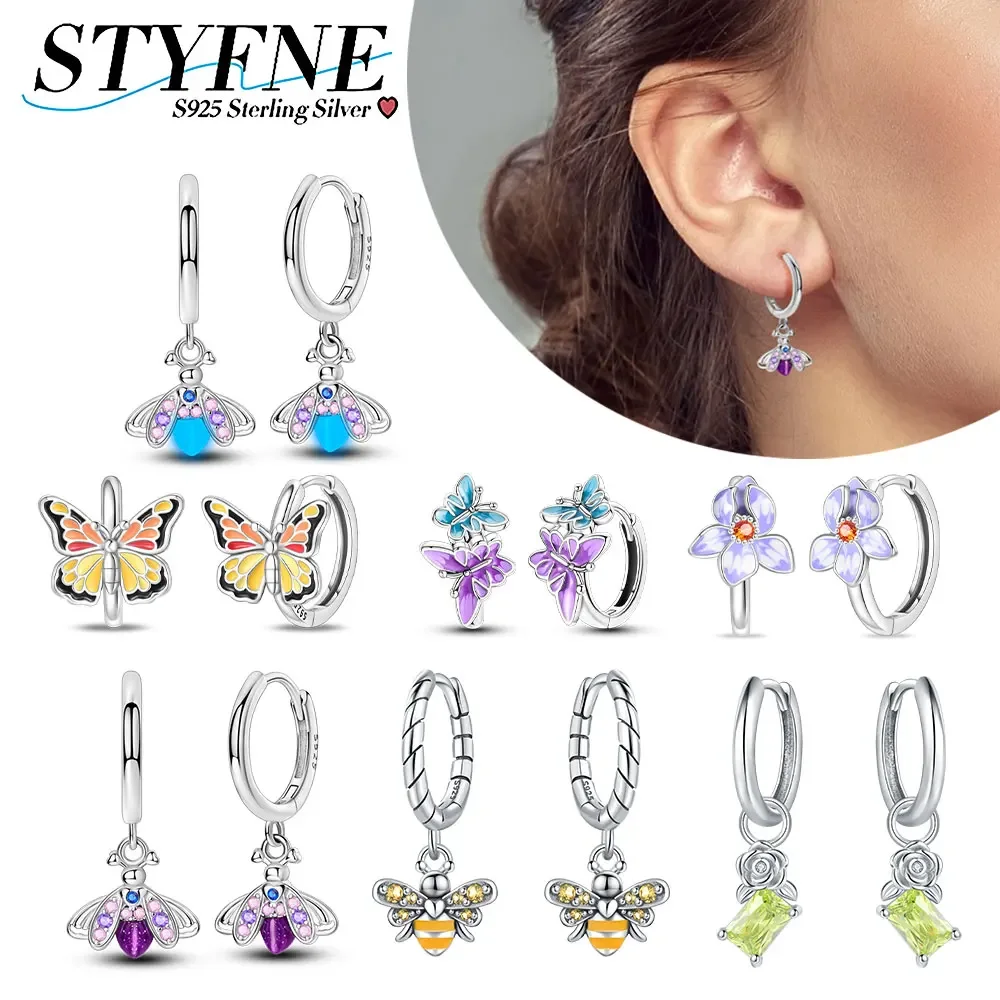 Pendientes de luciérnaga luminosos de mariposa rosa y púrpura serie Insect Bird, pendientes originales de Plata de Ley 925 para mujer, joyería alta