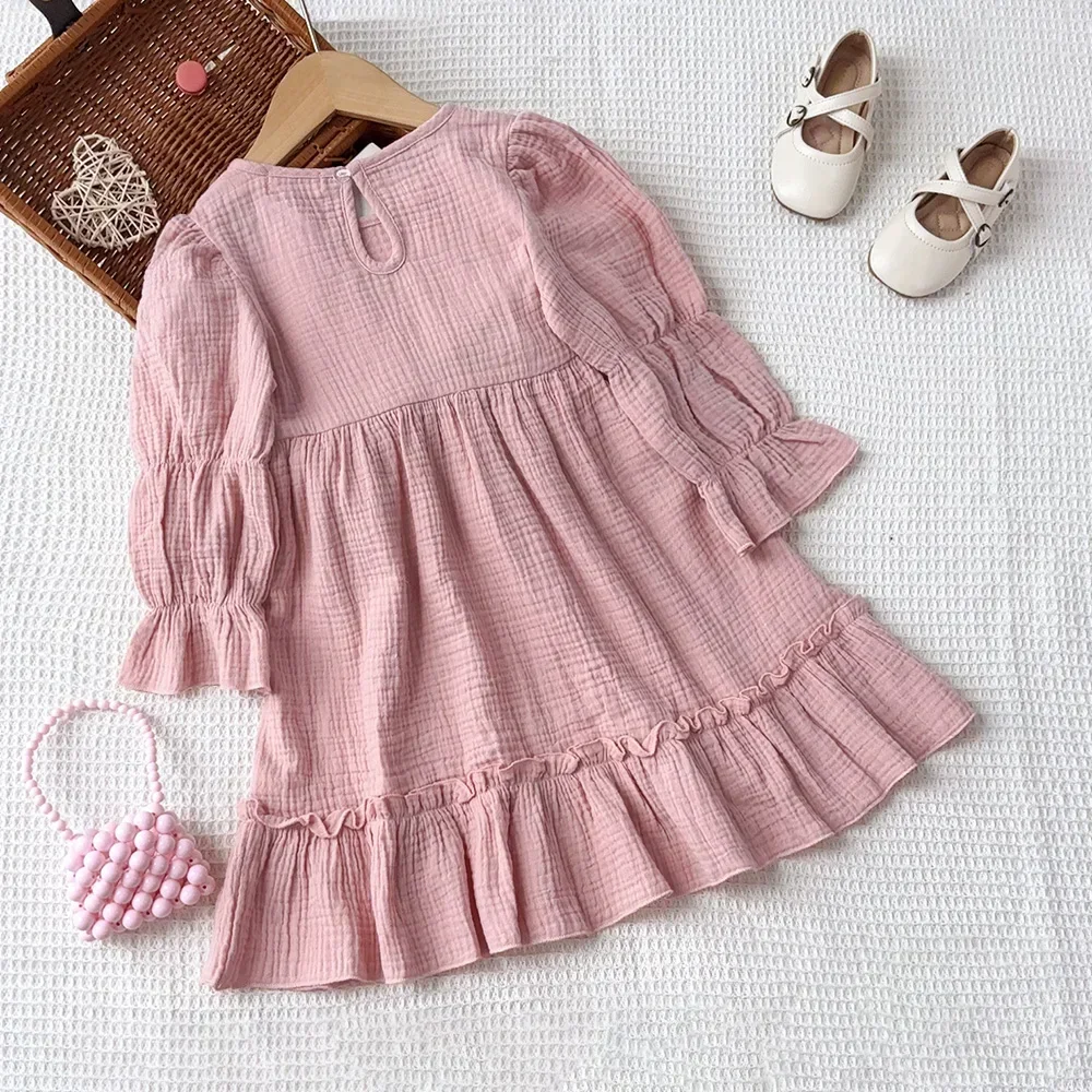 Pink Girls' Clothing New for Spring and Autumn Kids Dresses for Girls Solid Color Long Sleeved Round Neck Patchwork Dress