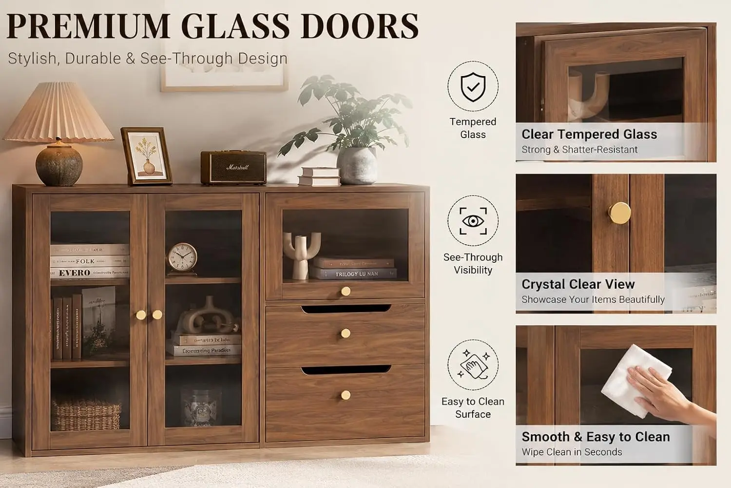 63‘’Storage Cabinet,Sideboard Buffet Cabinet with Glass Doors and Drawers,Modern Wood Coffee Bar for Kitchen, Living Room,Dining