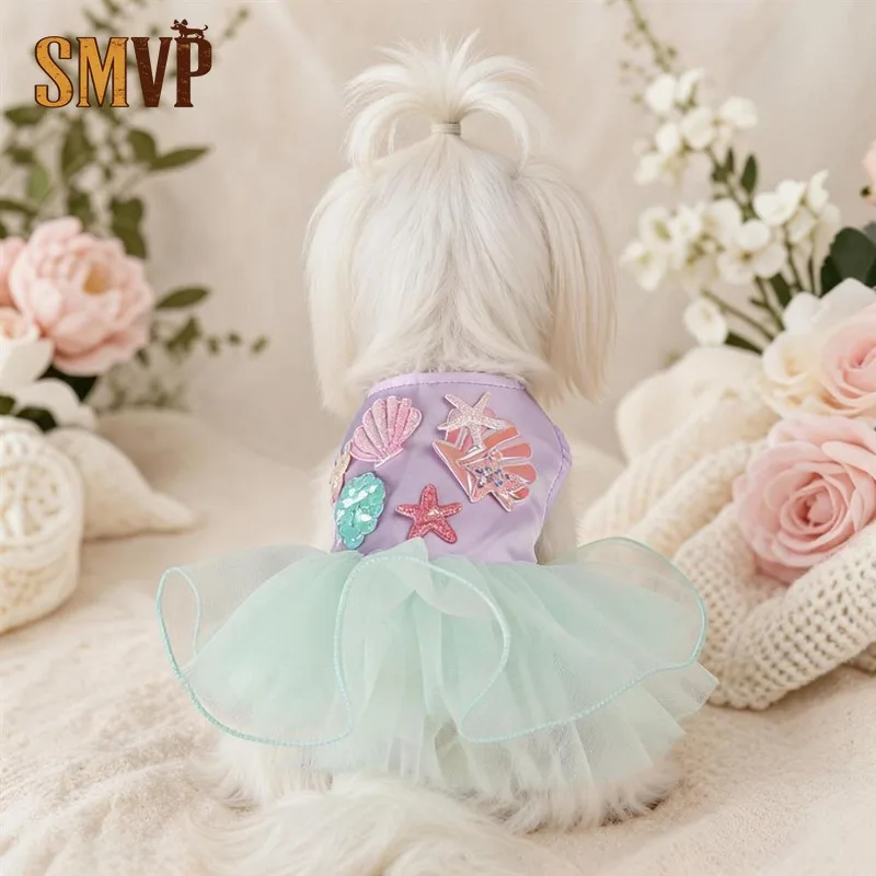 Purple Mermaid Pet Tutu Dress Shell Starfish Ornament Sleeveless Mint Tulle Soft Cute Princess Holiday Costume for Puppy Cat