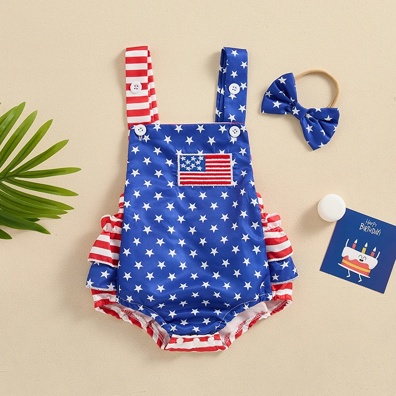 Newborn Baby Girl Independence Day Outfit, Stripes Stars Print Overalls Romper with Hairband 4th of July Clothing 0-18Months