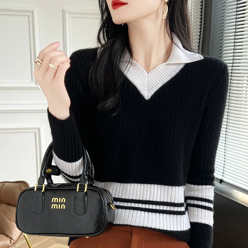 

100% Merino Wool Color-Blocked Small Turn-down Collar Slim-Fit Sweater Long Sleeves Pullover Cashmere Casual Clothing Top