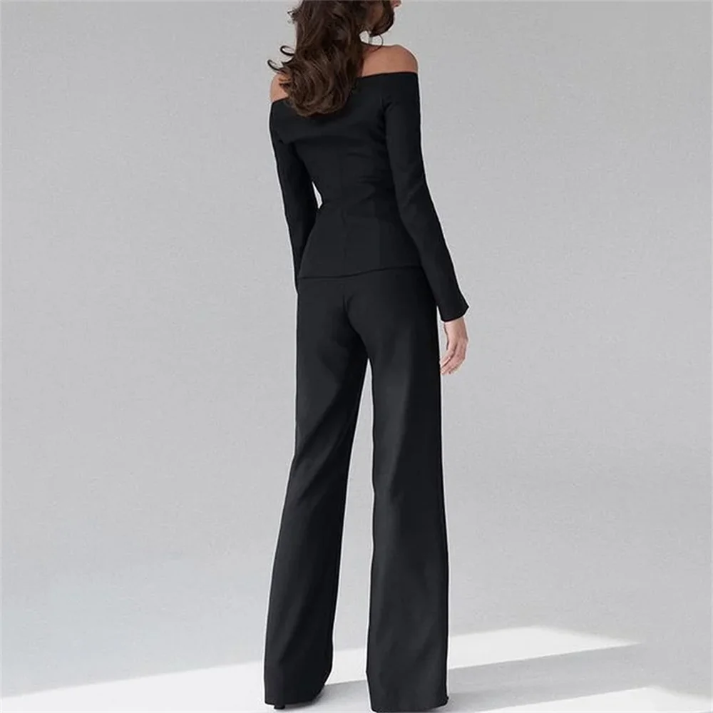 Women Black Off Shoulder Long Sleeve Blazer Long Pants Set Autumn Office Lady Elegant Single Breasted Coat Flare Pants Suit