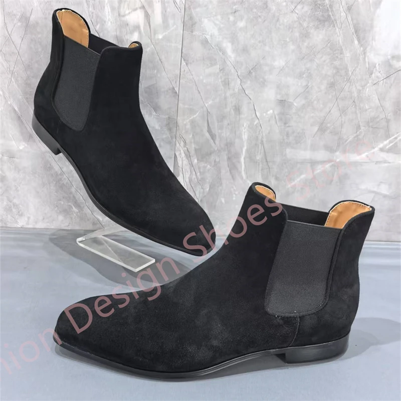 

Мужские ботильоны на резинке, черные замшевые ботильоны на низком каблуке, уличный стиль, весенняя новейшая повседневная обувь, мужские большие размеры 40-47