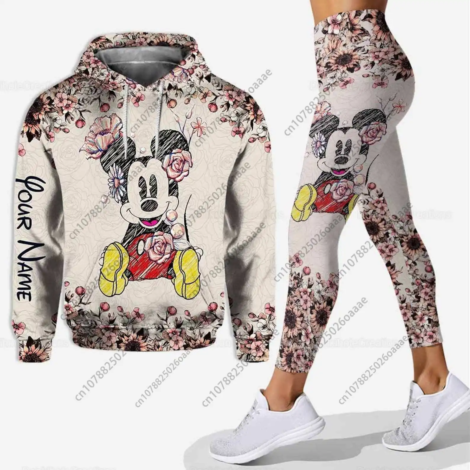 Disney-Mulheres Mickey Mouse 3D Hoodie Yoga Calças Set, nome personalizado Sweatpants, moda terno dos esportes, 2024