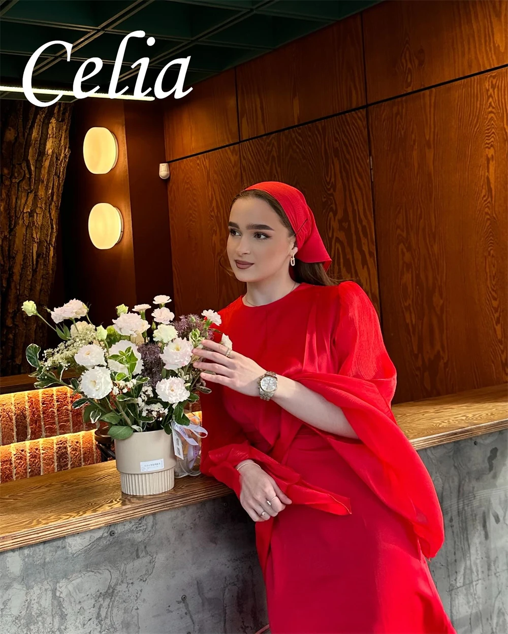 Customized Simple Red Jersey Prom Dress High Quality O-Neck Long Sleeves Evening Dress Exquisite Luxury Homecoming Dresses