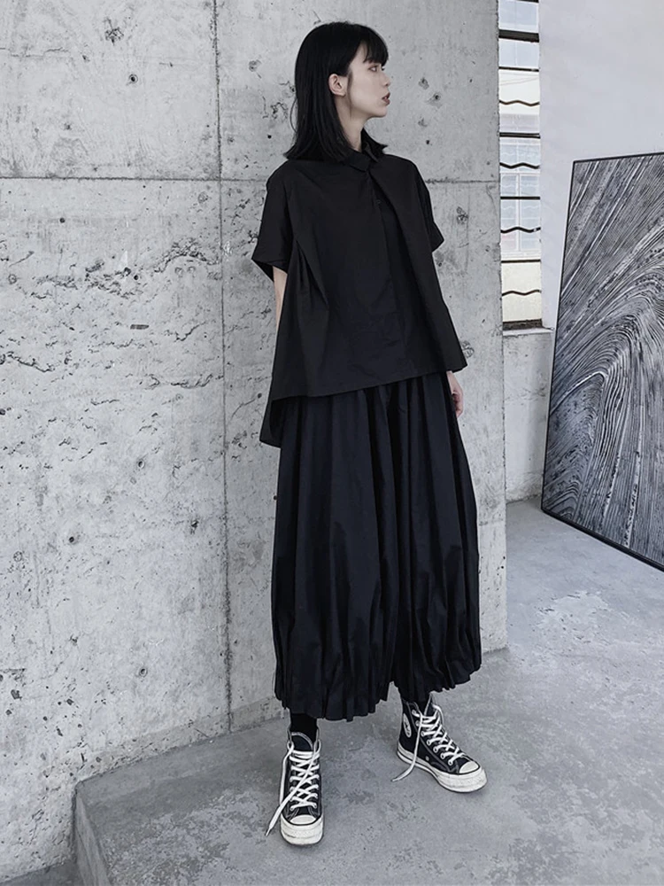 [EAM] High Elastic Waist Black Brief Pleated Wide Leg Pants New Loose Fit Trousers Women Fashion Tide Spring Autumn 2024 1DF1103