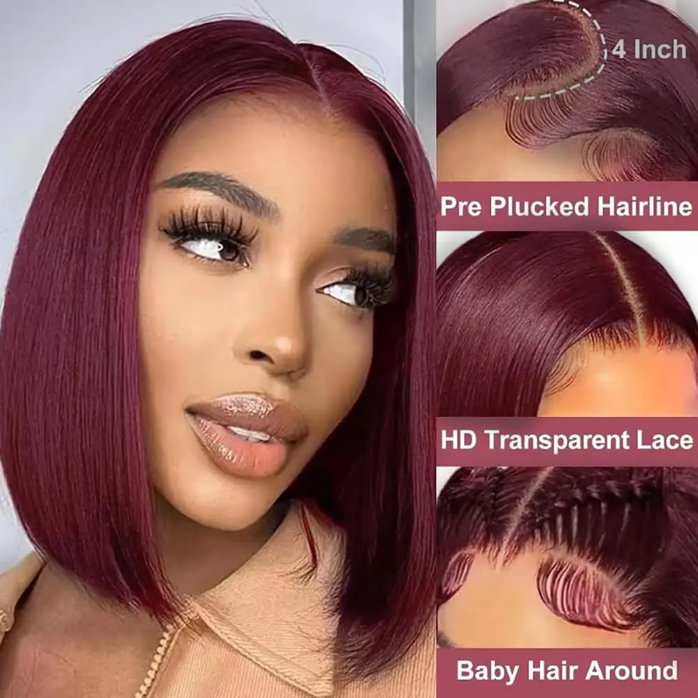 Wig Bob Burgundy 99J Rambut Asli 13x4 HD Wig Lace Frontal Transparan 8-14 Inch Wig Bob Pendek Rambut Asli Untuk Wanita