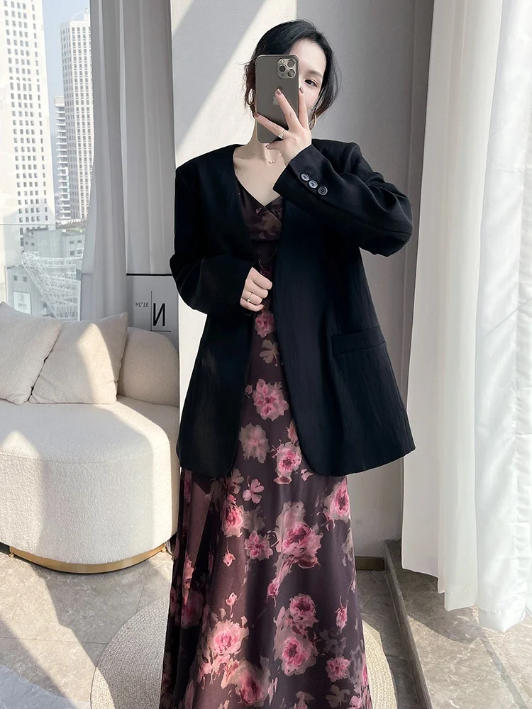 

Ele Bla Lapell Women's Suit Jaet Casual Commute Faion Spring 2025 Long Sve Mid-Length Straight Cut