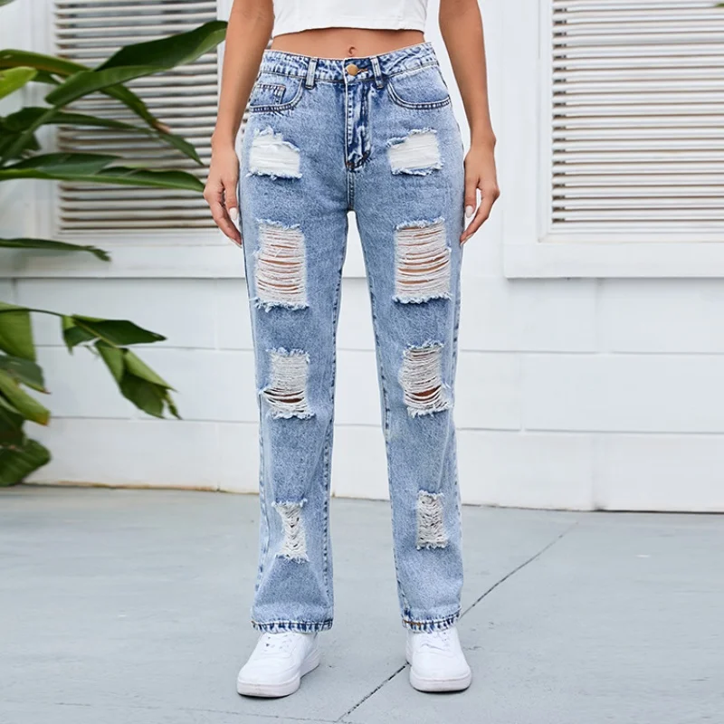 Distressed Women's Jeans New Y2k Zipper Pocket Washed Bleached Ripped Hole Denim Straight Leg Women's Pants Calca Jeans Feminina