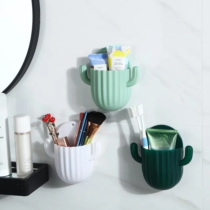 1pc Wall Self-adhesive Toothbrush Holder Drain Shelf Household Cactus Storage Rack Shaver Organizer Bathroom Accessories