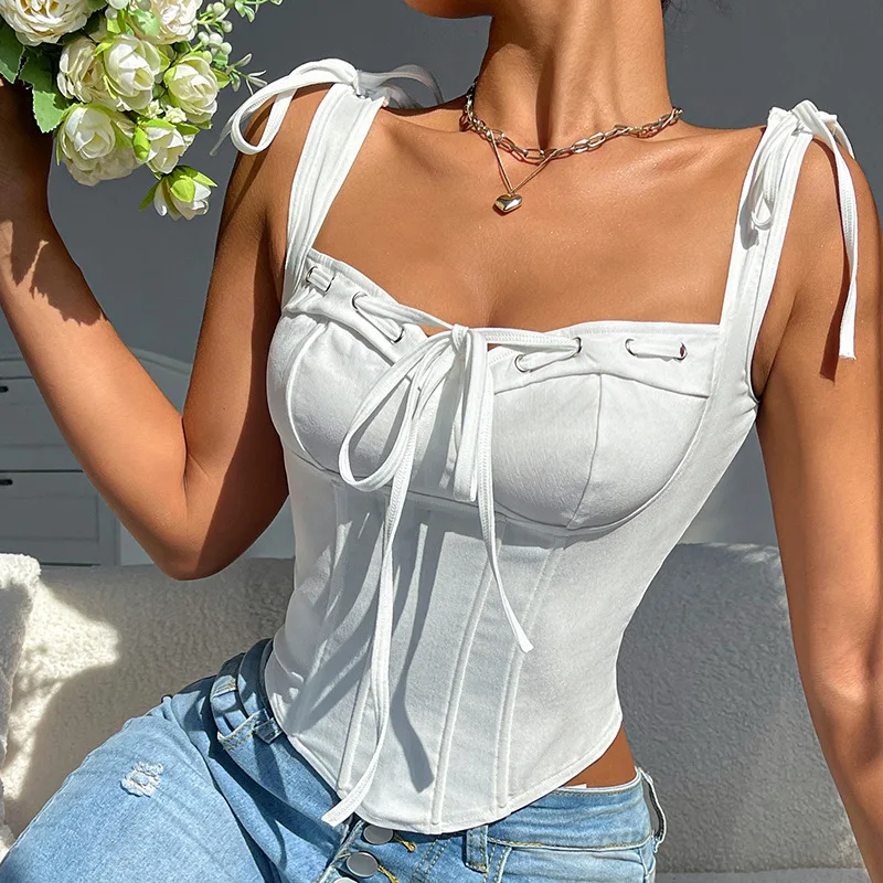 

Bow Lace-up Crop Tops Womans Sexy Square Neck Tank Top Solid Color Halter Corset Shapewear Sleeveless Vest Slim Casual Camisole
