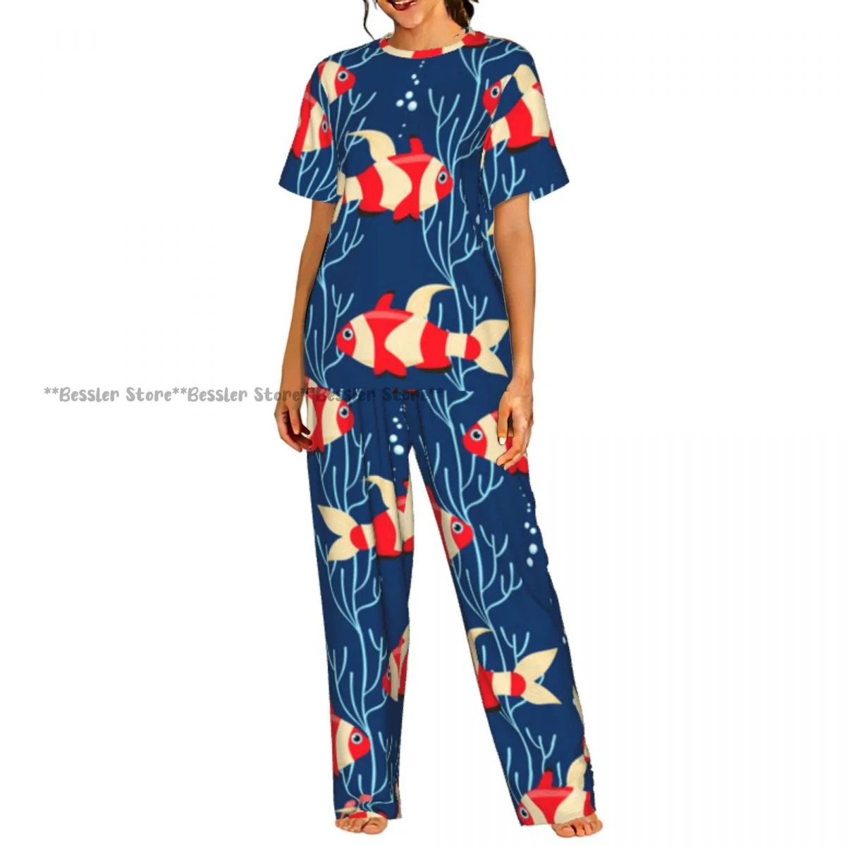 

Женская комфортная пижама с коротким рукавом, комплект для сна с принтом морских рыб и морской флоры