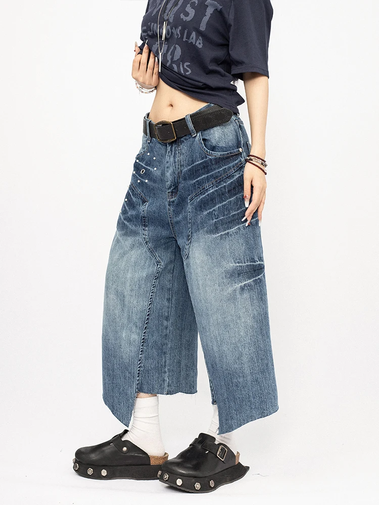 

OCTTFLAB American Retro Hot Girl Blue Asymmetrical Denim Seven-Foot Pants Design Sense Blue Denim шорты для женщин
