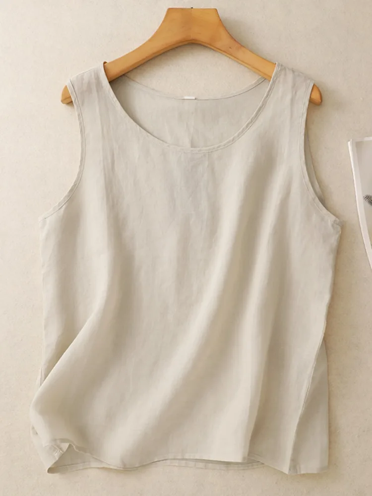 Damska letnia bluzka na ramiączkach z lnu i bawełny, wyszczuplająca, gładka, cienka, luźna, wkładana przez głowę, bazowa, lniana odzież wierzchnia.