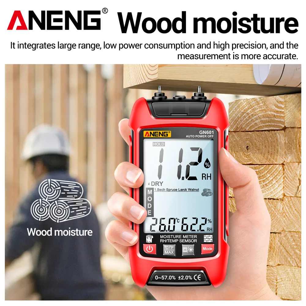 ANENG GN601 Digital Backlight Wood Moisture Detector Probe 0~99.9% RH Timber Hygrometer Temperature Humidity Meter