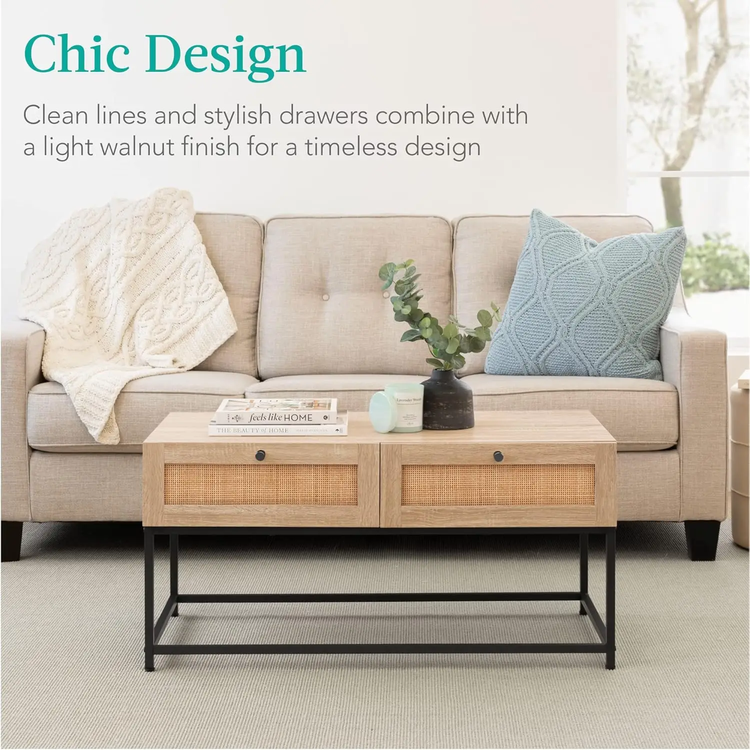 39in Rattan Coffee Table, 2-Drawer Modern Boho Home Furniture for Living Room, Bonus Room w/Wicker Storage Compartments