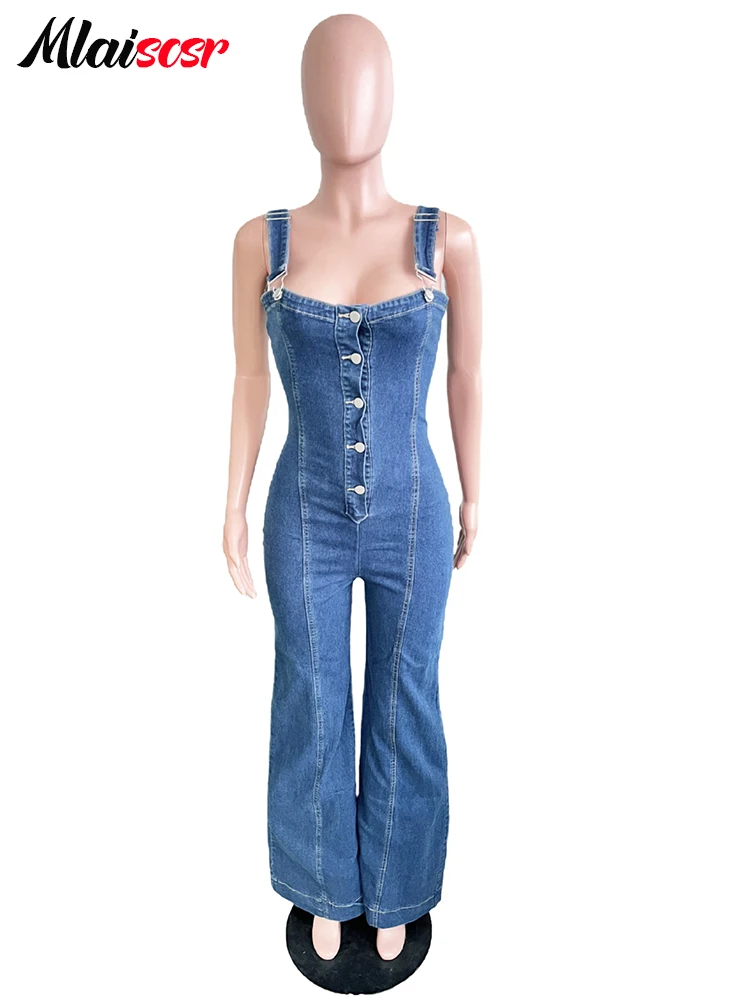 Mlaiscsr Streetwear Jean Jumpsuits for Women Clothing Sleeveless Button Up Wide leg Pants Denim Rompers One Piece Overalls New