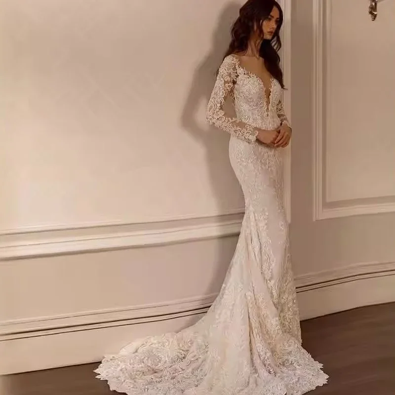 Onelife personalización Sexy vestido De novia sin espalda cariño manga larga sirena Vestidos De novia pegatinas De encaje Vestidos De novia