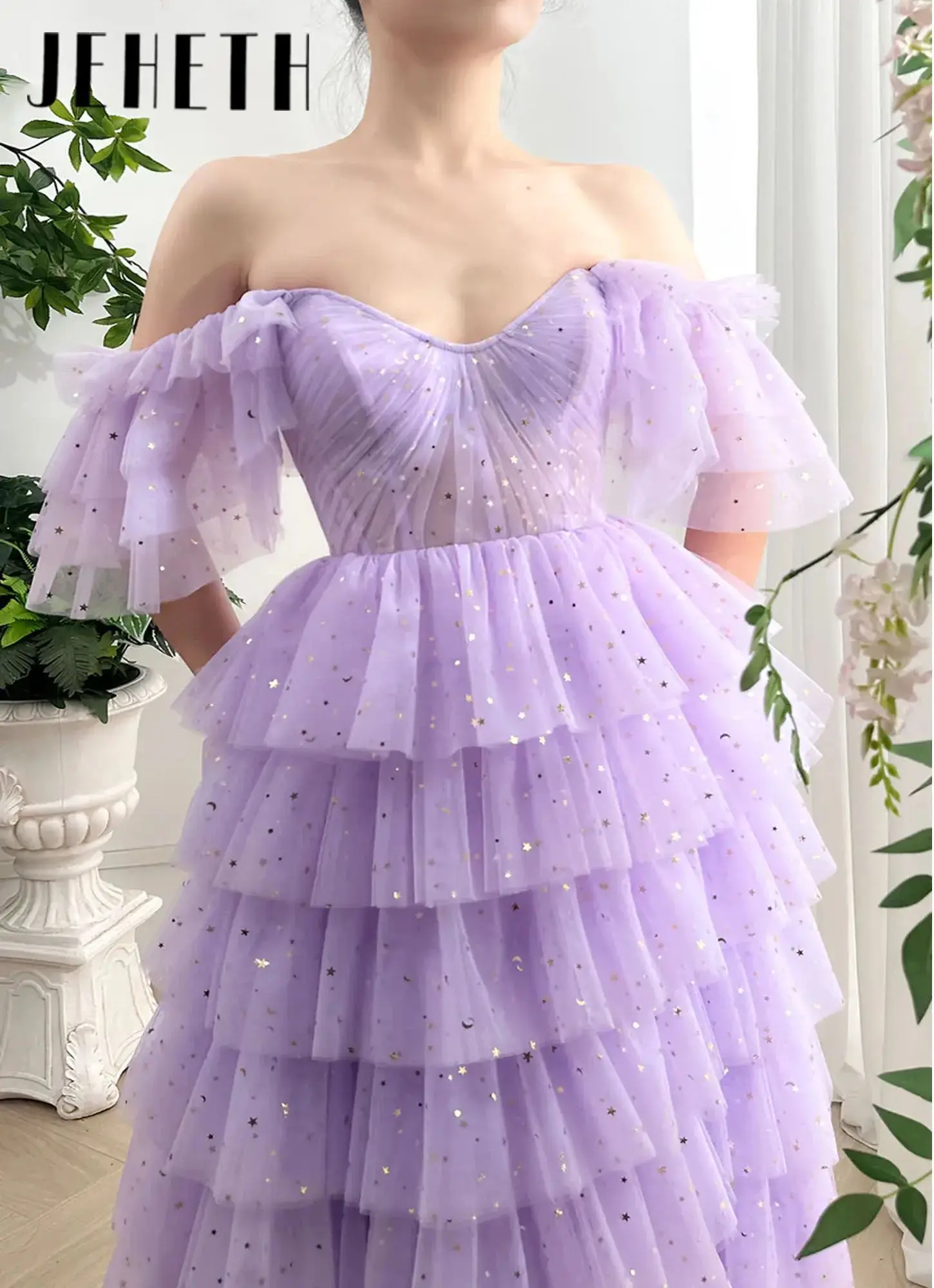 Illusie lieverd ster off-shoulder korset galajurk met gelaagde elegante theelengte vetersluiting formele gelegenheidsjurk op maat